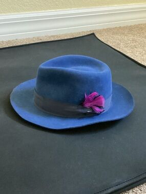 Men's Blue Wool Felt Fedora with Purple Feather Trim